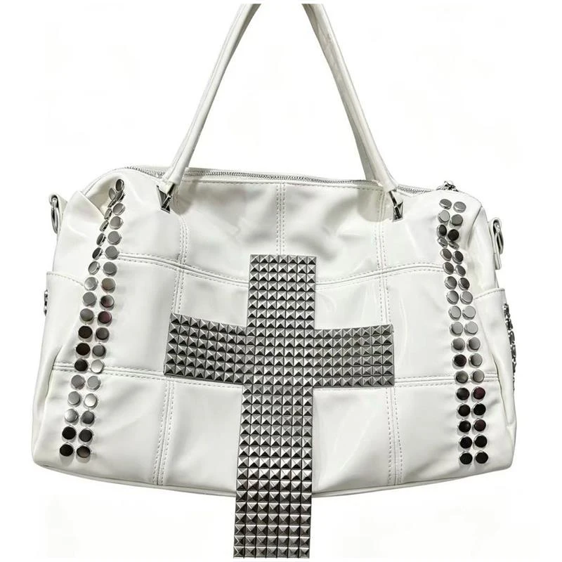 Rivet Cross Umhängetasche, Damen Punk Metall-Nietenbesetzte Tragetasche, Große Kapazität Motorrad-Biker-Stil Streetwear Handtasche – Detail 1