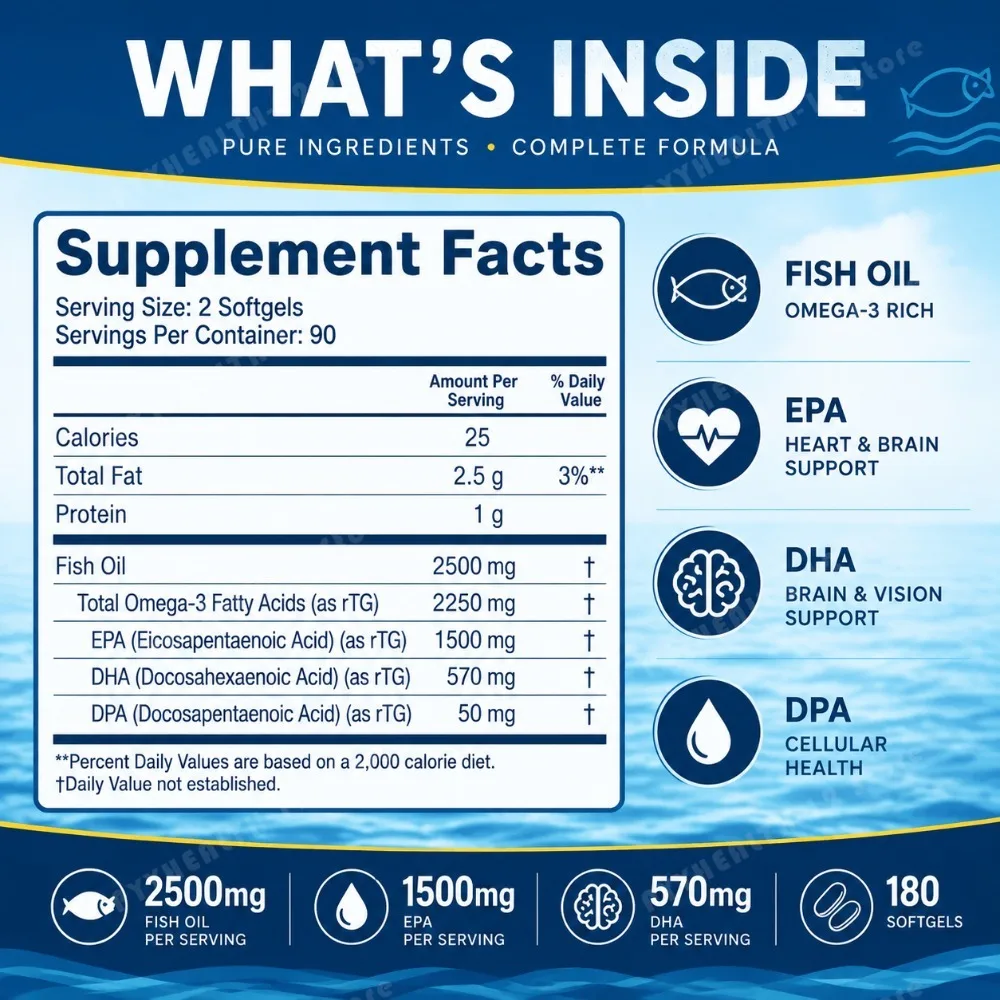 High Potency Omega-3 Fish Oil Softgels 2500mg with EPA 1500mg DHA 570mg rTG Formula for Heart Brain Eye Support 180 Count - view 5