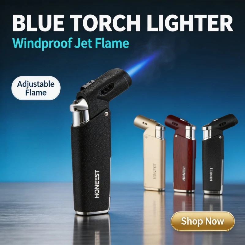 Honest Outdoor BBQ Butane Torch Lighter, Windproof Turbo Jet Dual‑Flame, Metal Inflatable Lighter for Cigar and Cigarette