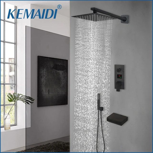 

KEMAIDI LCD Digital Display Shower System Bathroom 3 Function Rainfall Shower Faucet Set with Waterfall Tub Spout Deck Mounted