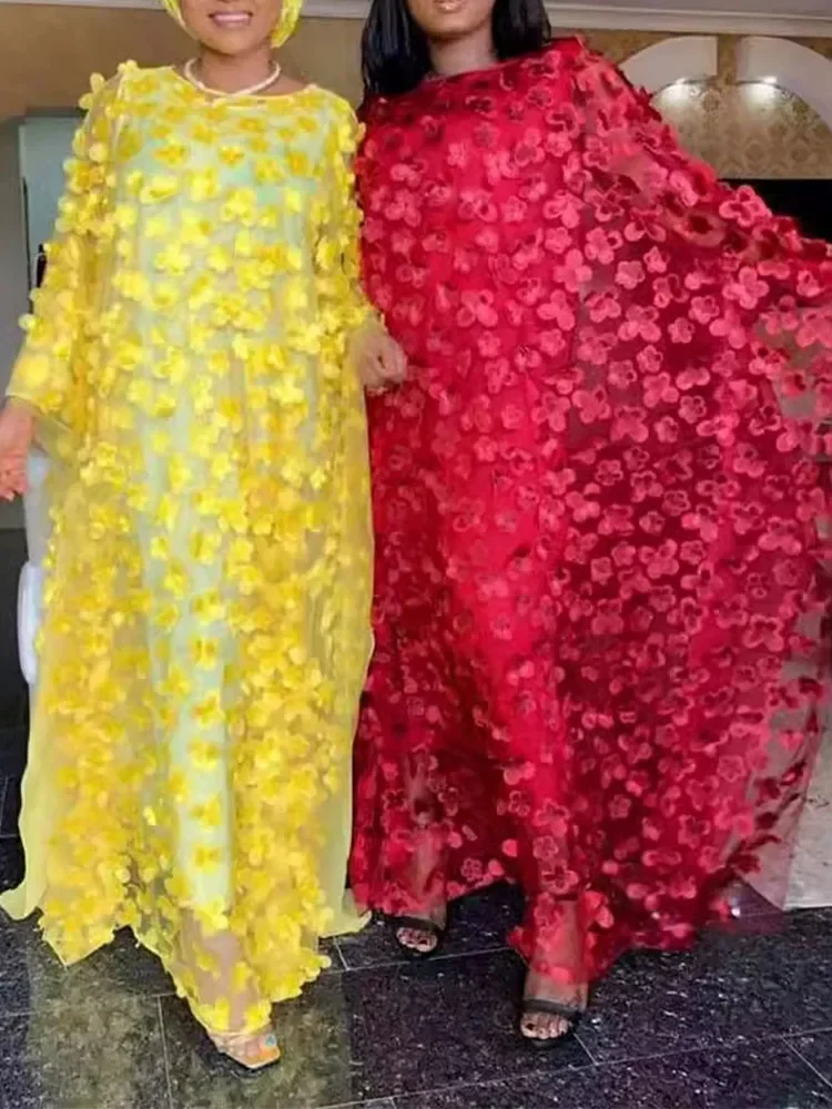 Round neck bat sleeve loose oversized long robe+vest two-piece long skirt three-dimensional flower embroidery women's dress