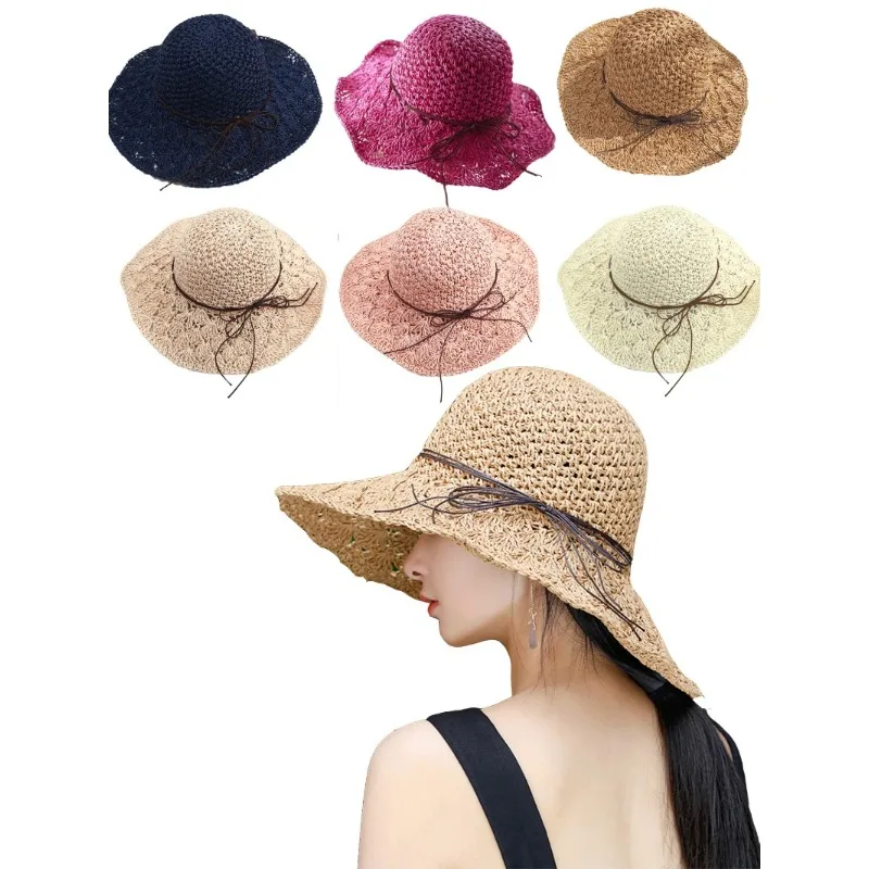 قبعة نسائية مصنوعة يدويًا من القش بنما صيفية عصرية بعقدة على شكل فيونكة قابلة للطي بحافة واسعة واقية من الشمس للحماية من الأشعة فوق البنفسجية على الشاطئ في الهواء الطلق #1