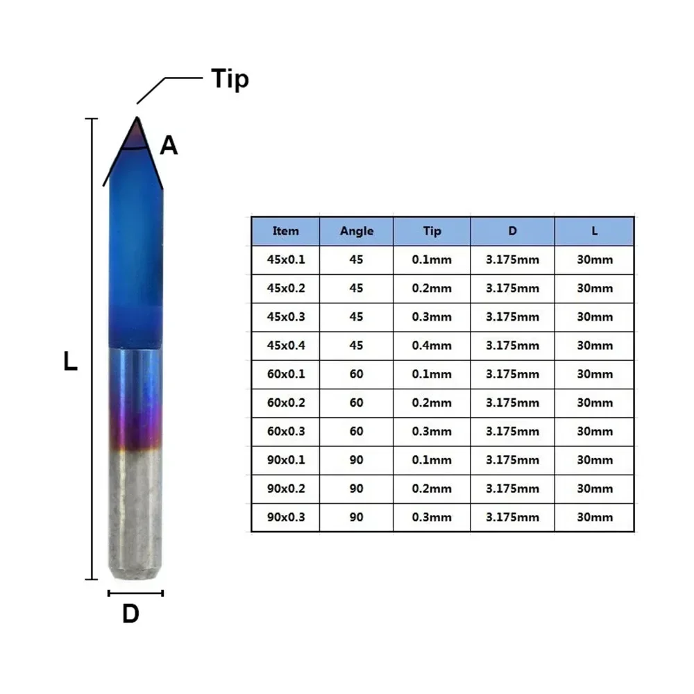 10pcs Blue Coated V Shape End Mill Flat Carbide PCB Engraving Bits CNC Router Cutter 45/60/90 Degrees