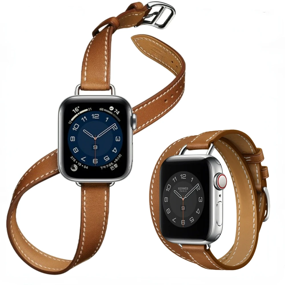 

Strap for Apple Watch Series 49mm 45mm 41mm 44mm 40mm 42mm 38mm Double Loop Leather Wristband iWatch Ultra 9 8 7 6 5 4 3 SE Belt