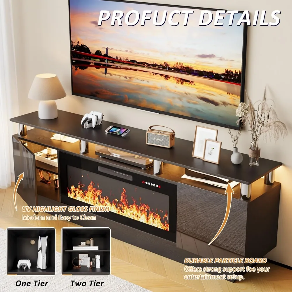 Suporte de TV com lareira de 70 polegadas para TVs de até 80 polegadas Console com lareira elétrica de 36 '' e controle remoto, entretenimento moderno de madeira