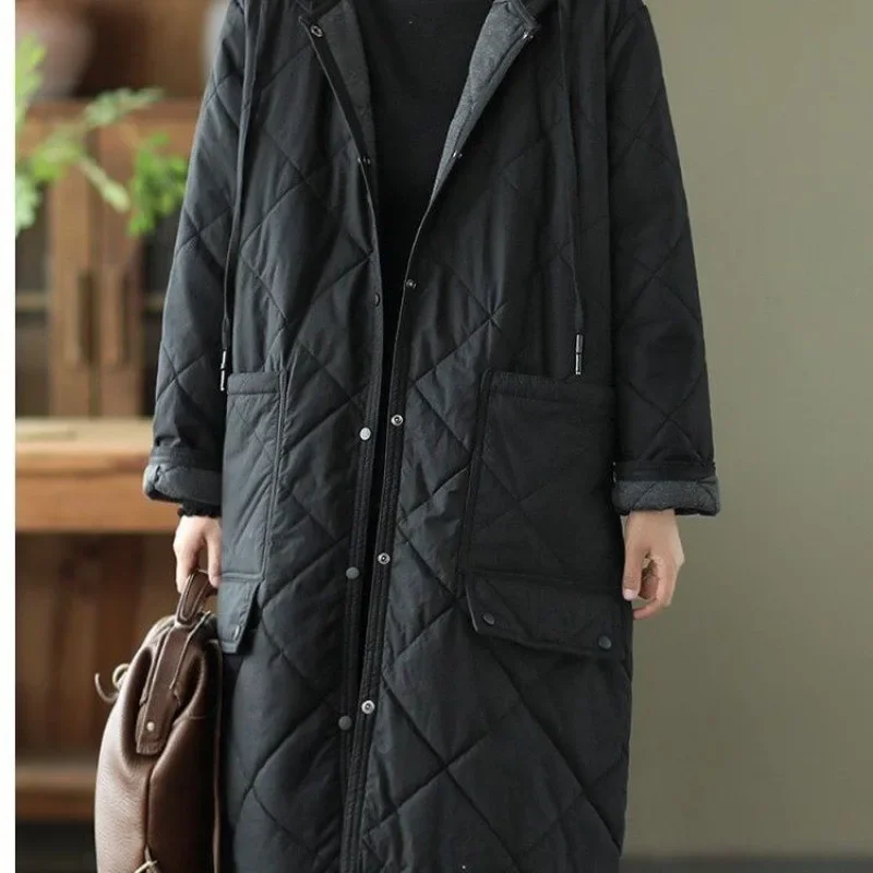 Diamond Grid Winter Clothes Woman Quilted Warm Hooded Designs Loose Casual  Mid-Length Coat Spliced Big Pockets Women's Parkas