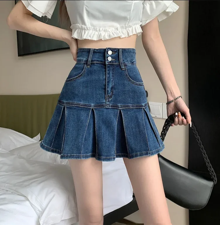 

Skirt for Women 2025 Summer New Fashion Denim Skirt Women's High-Waisted Ruffled Ruched Casual Pocket Design Fishtail Skirt