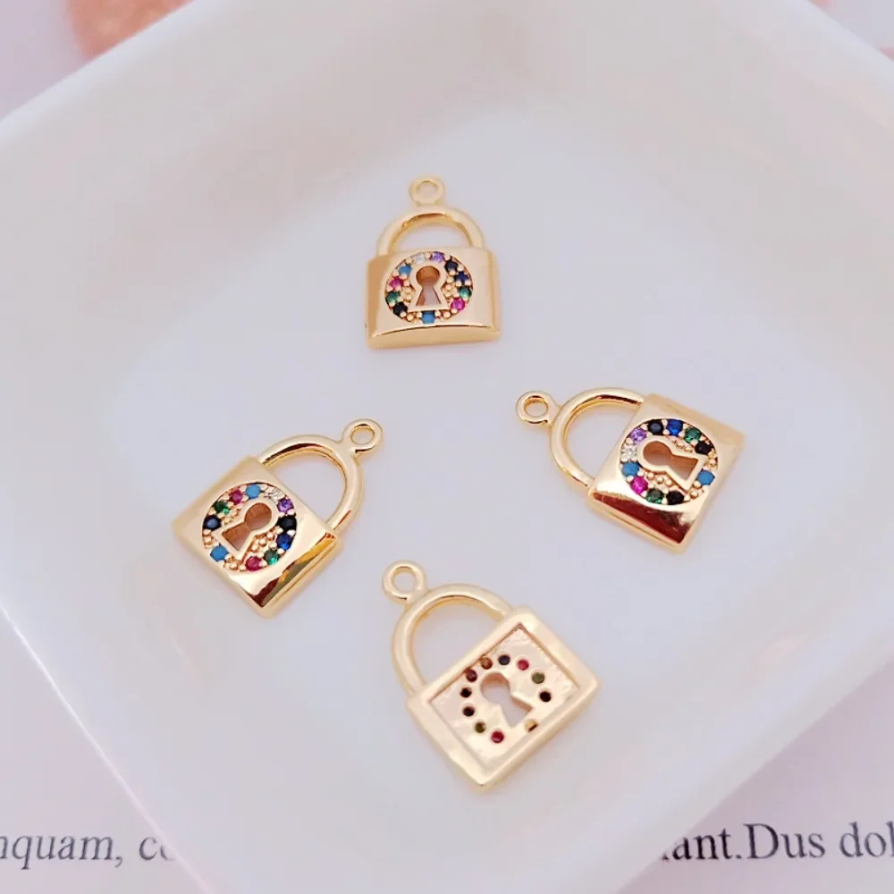 

14K Copper-clad Gold Inlaid Colorful Zirconium Lock-shaped Pendant with Keyhole Pendant Bracelet, Necklace, DIY Handmade Jewelry