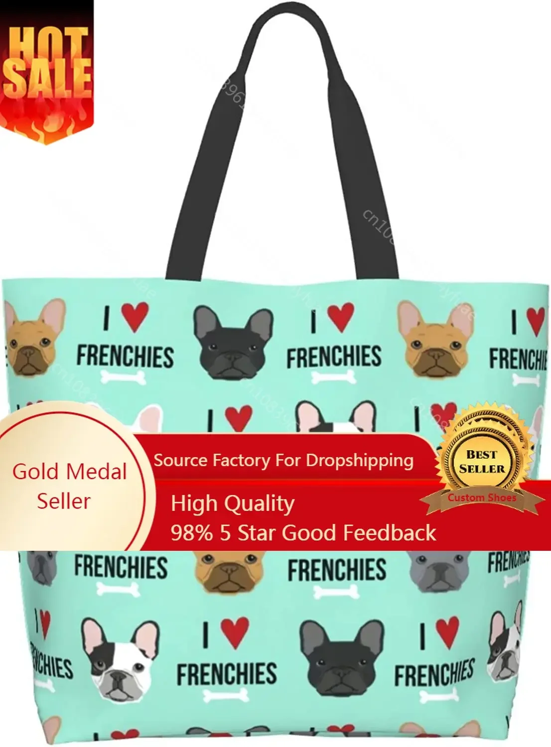 

French Bulldog Shoulder Bag for Women, Reusable Tote Bag Storage Handbag Eco Beach Shopping Folding Bags