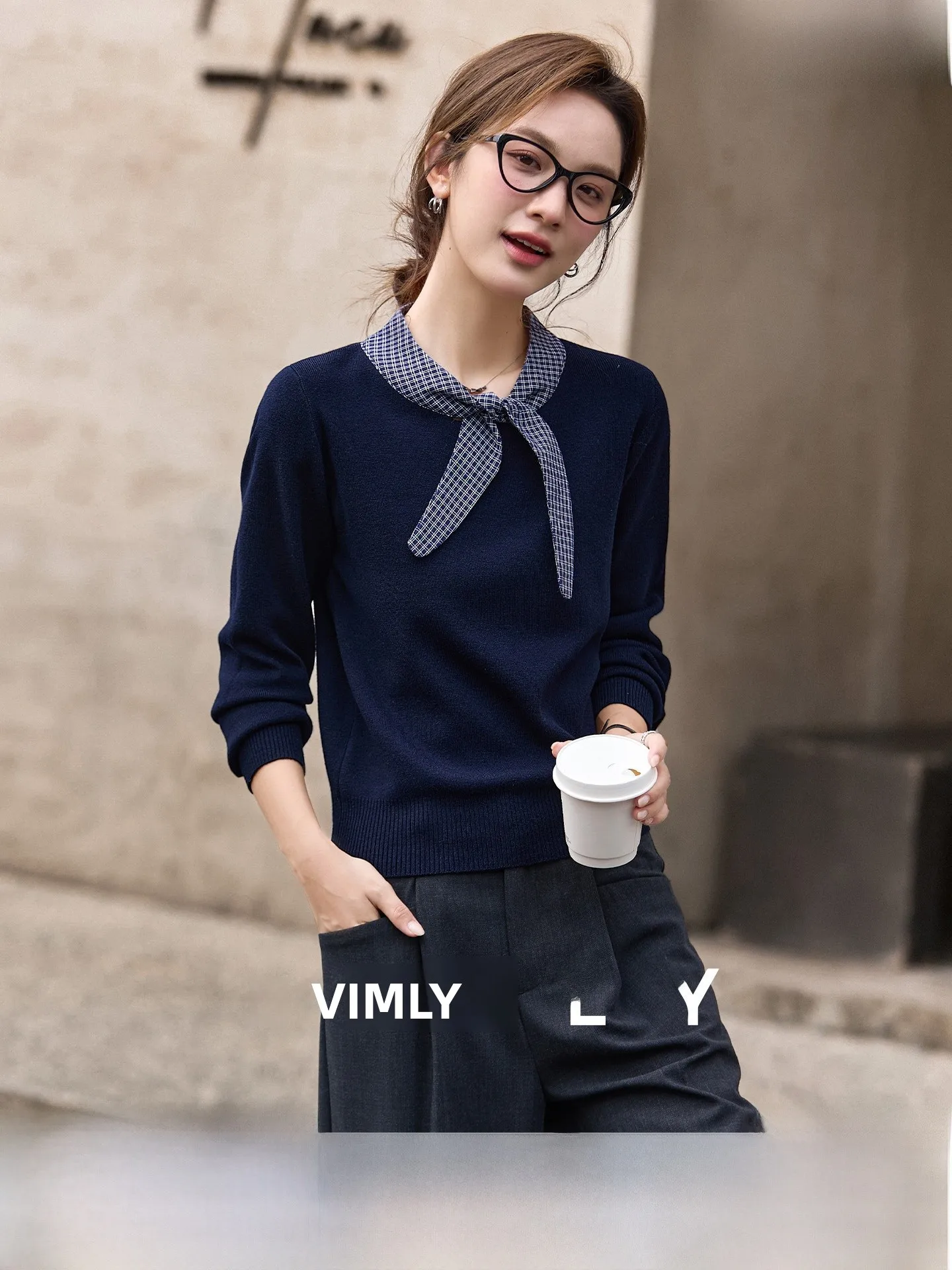 

Blue Knitted T-irt Women's Spring New Design Sense Small ence Splicing Belted Casual Sle Nylon Fabric Long Sve Top