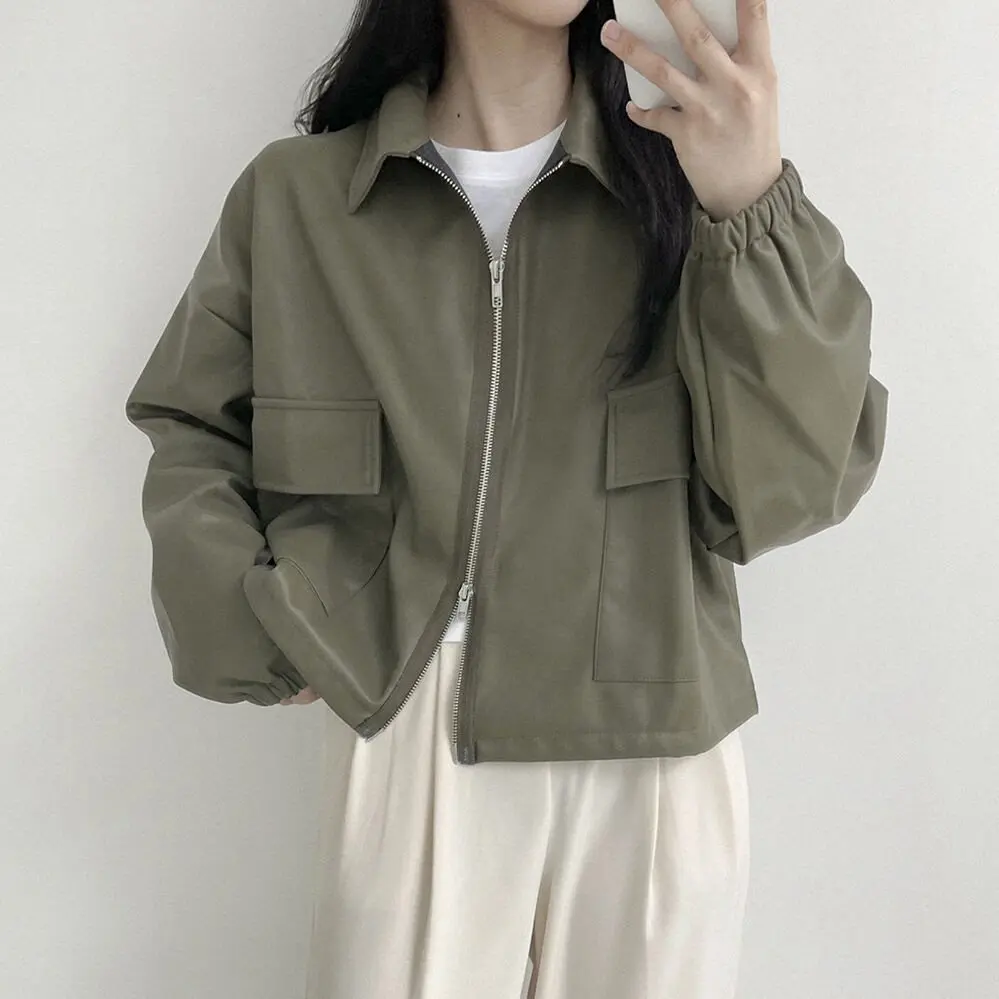 Sli Autunno Vintage PU Pelle Jaet Cerniera Lungo Sve Colletto alla coreana Versatile Cappotto da motociclista Faion Premium Qu...