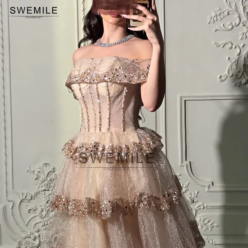 

SWEMILE Sparkly Sequins Tiered Evening Dress 2025 Off Shoulder Beading Crystal Corset Prom Gowns Wedding Party Dress Customized