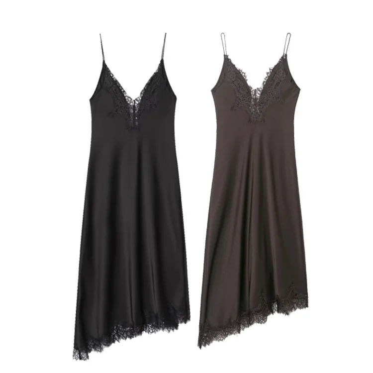 Women's Sexy Strap Dress Fall Fashion High Street Lace-Trimmed Satin Feel Sleeveless Skirt Solid Color Irregular Long Petticoat