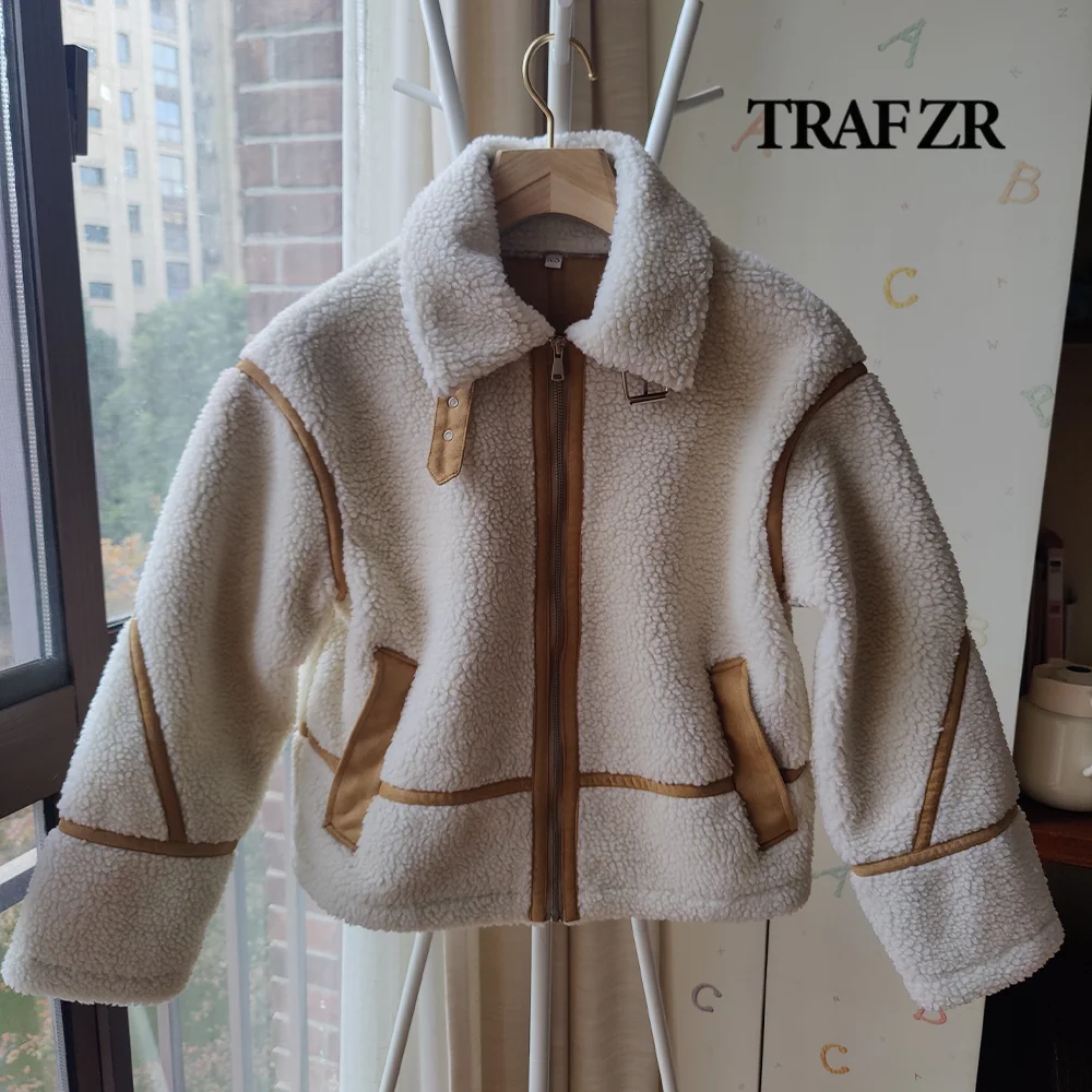 TRAF ZR Faux Shearling Jacket for women 2024 with Featuring trims Collared jacket with zipper and long sleeves Women\'s Cozy Coat