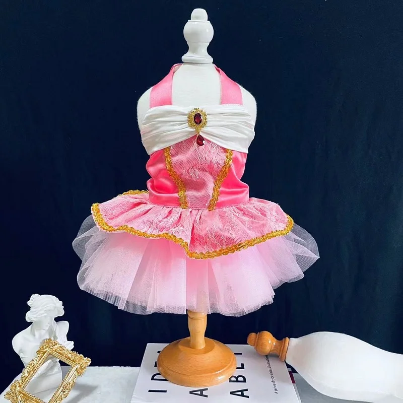

Handmade Dog Clothes Pet Supplies Cocktail Dress Bright Hot Pink One Piece Gem Accessories Lace Tulle Skirt Halloween Holiday