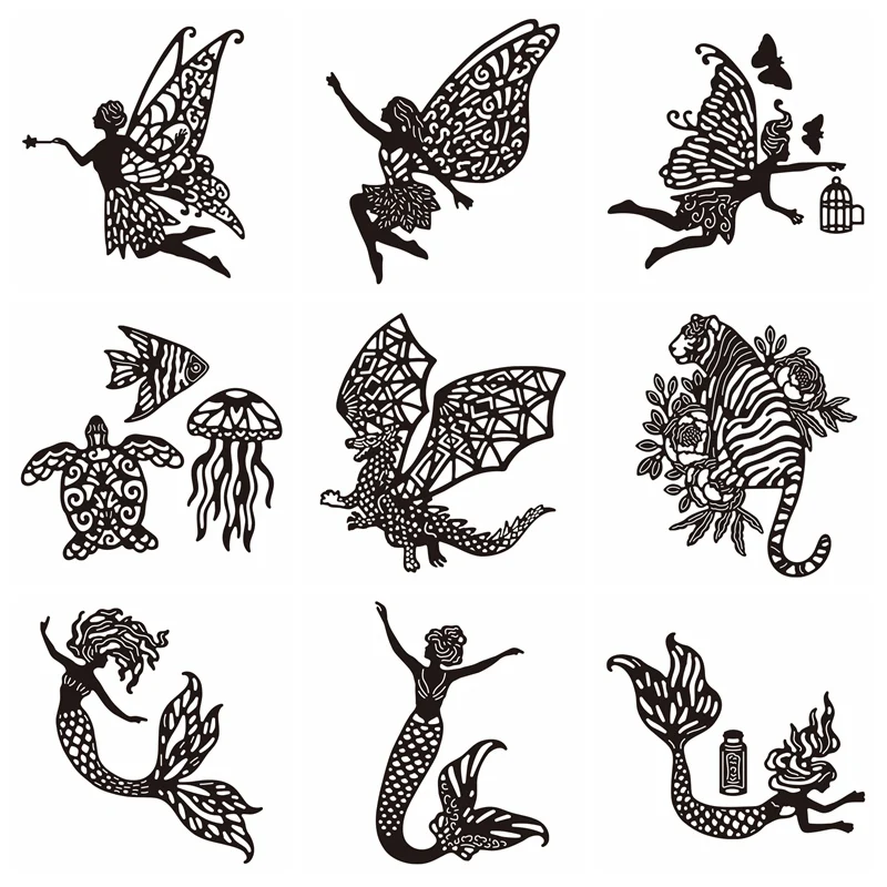 Mermaid Little Fairy Tiger Dragon Wings Turtle Fish Metal Cutting Dies Diy Decorate Cards Scrapbook Craft New Die Cut Stencils