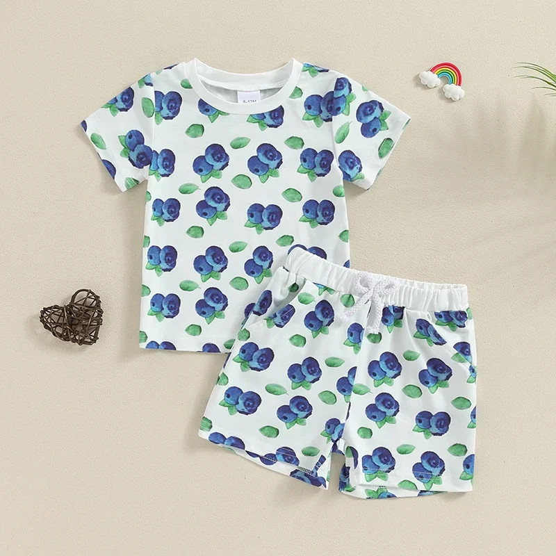 Toddler Baby Girl Clothing Summer Children Set Short Sleeve Crewneck Fruit Print T-Shirt Elastic Waist Shorts Toddler Outfits