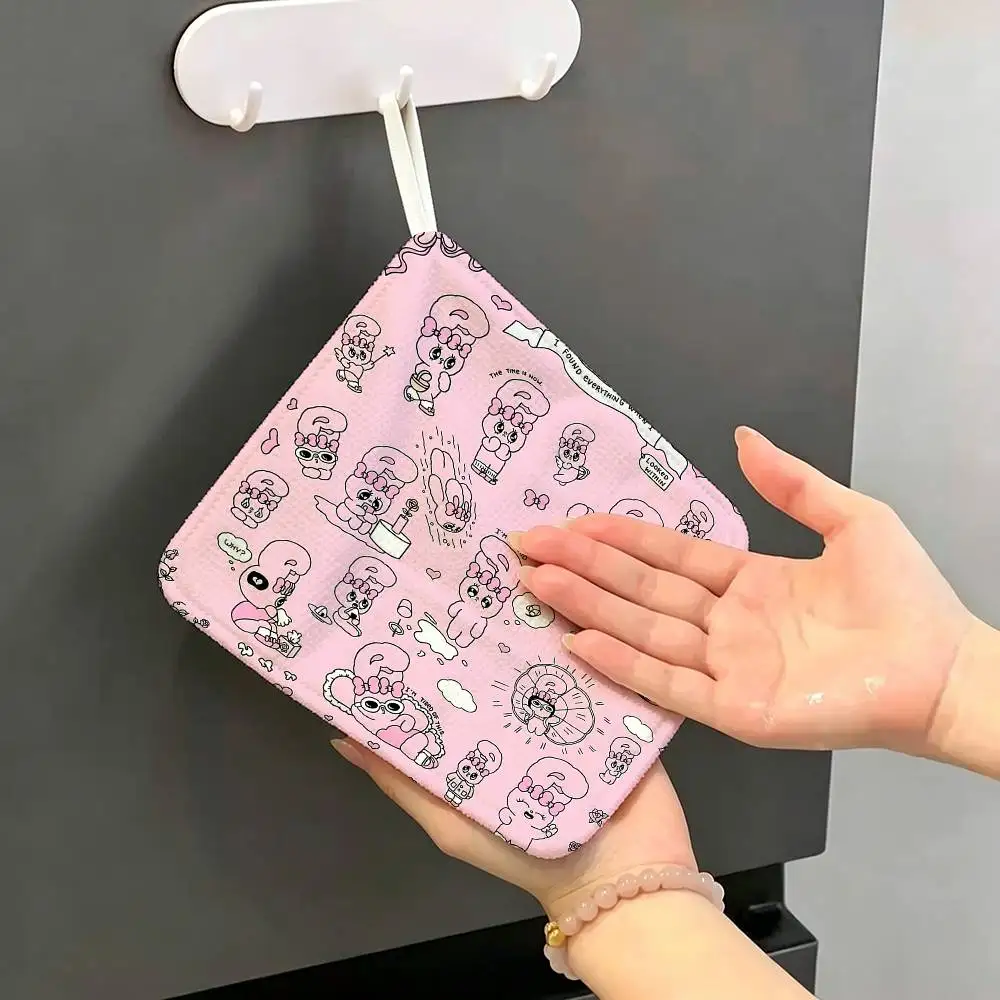 Cute Pink Esther Bunny Hanging Polyester Cotton Towel, Reusable Hand Wiping Cloth, Wear Resistant for Home Kitchen Sink