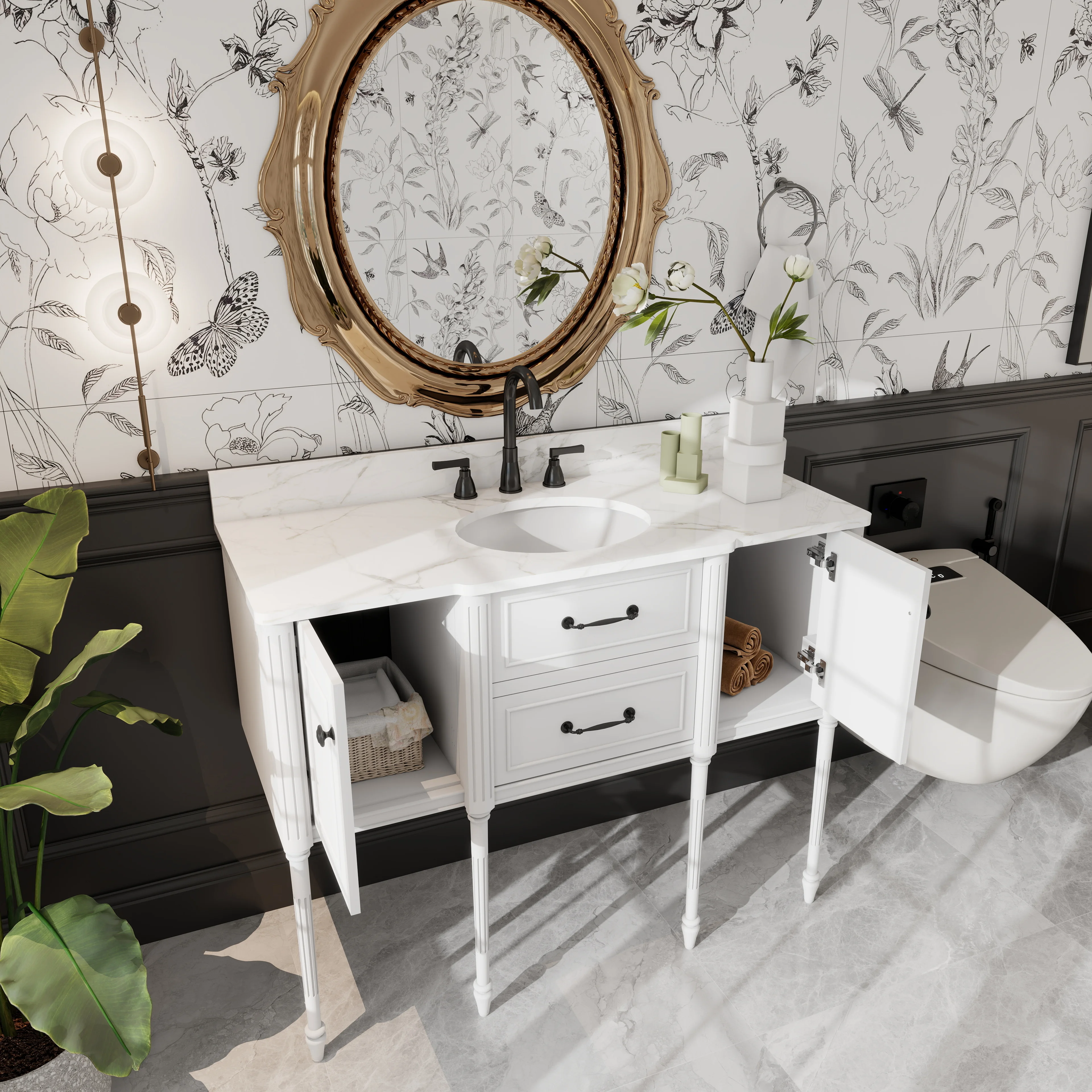 *US Overseas Warehouse Free Shipping Classic Elegant Vintage Bathroom Vanity Washbasin Cabinets with Sink