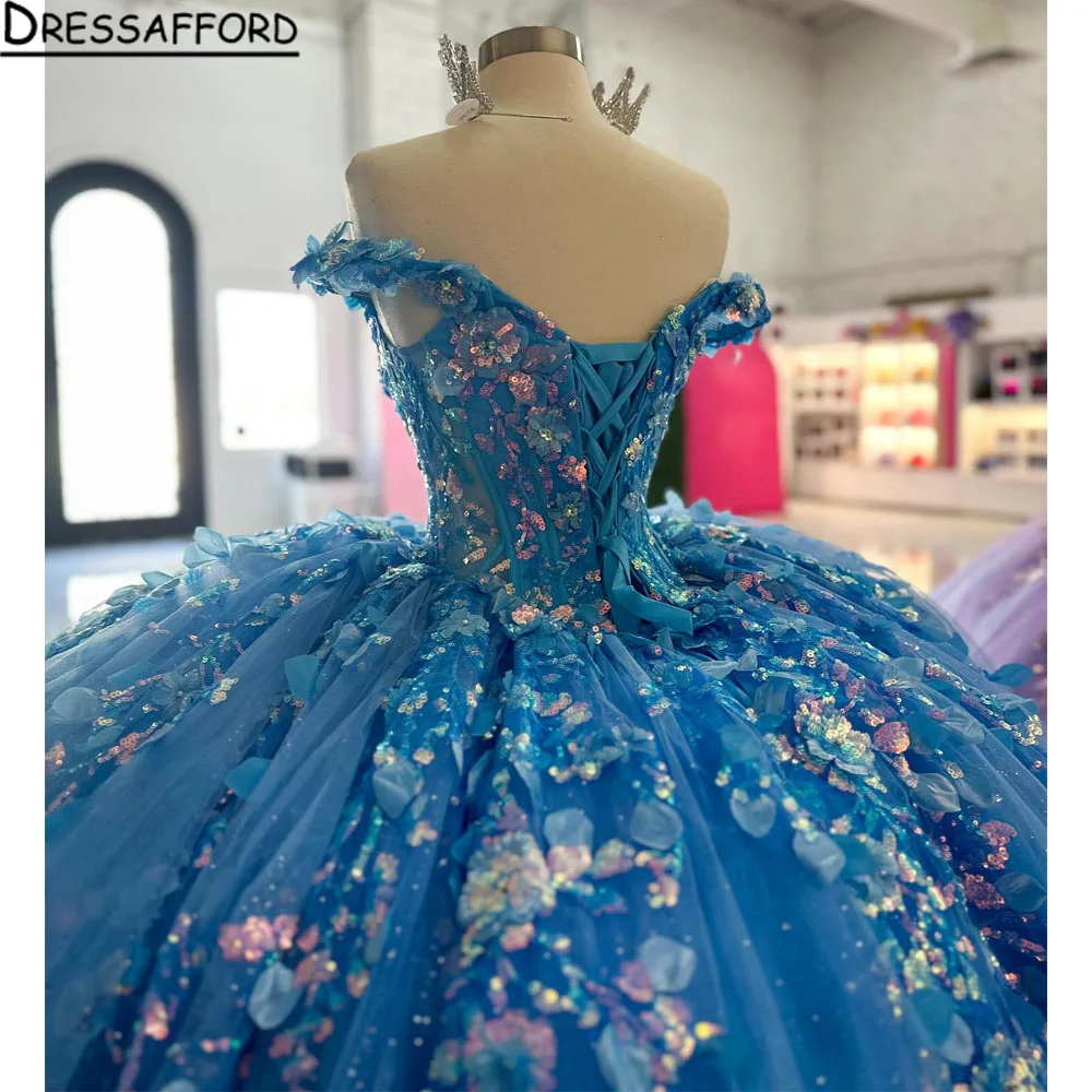 Charming Mexico Blue Quinceanera Dresses For 15th Year GIrls V Neck Floral Lace Up Sweet 16 Party Prom Gown Vestidos De XV Años