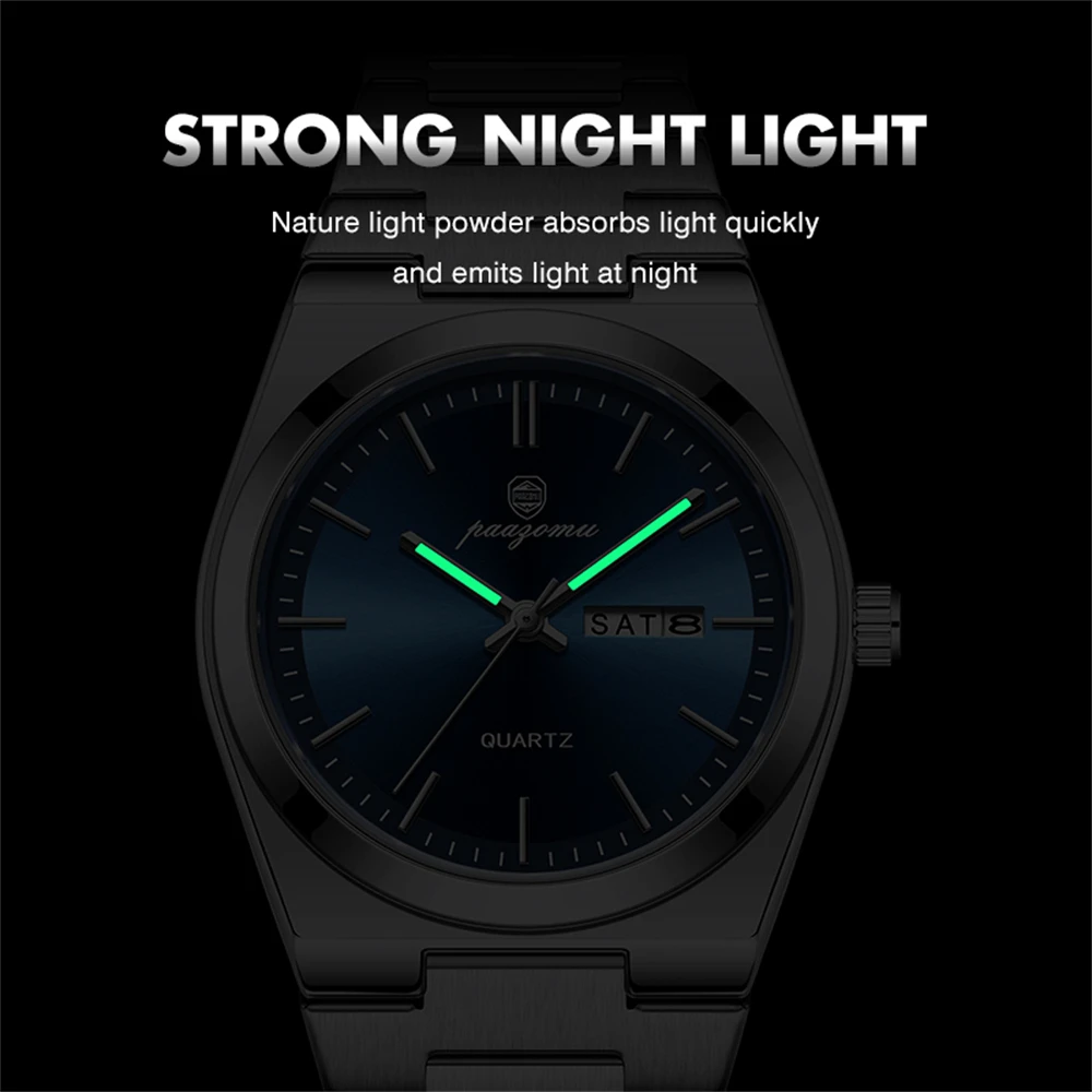 Paazomu relógios de luxo para homens aço inoxidável à prova dwaterproof água luminosa homem relógio data semana moda casual relógio de quartzo masculino reloj