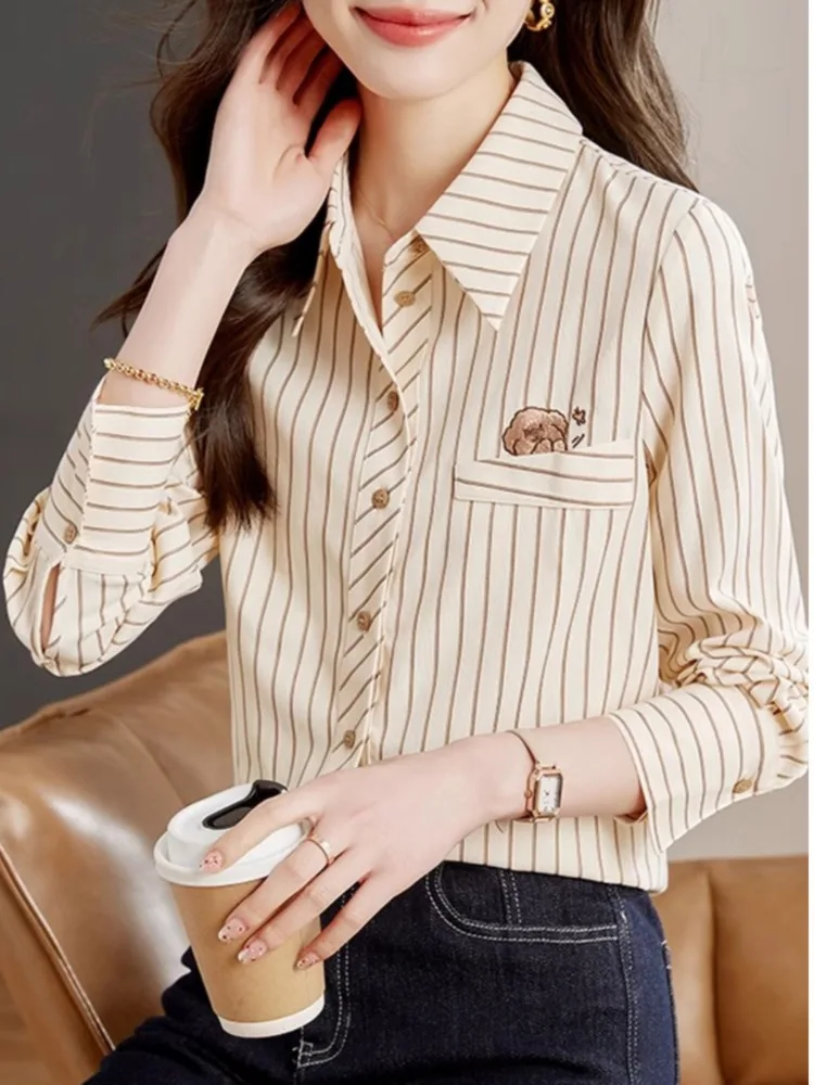 #3258 Striped Shirts Long Sleeve Embroidery Office Shirts Women Single Breasted Womens Tops And Blouses Regular Fit France Style