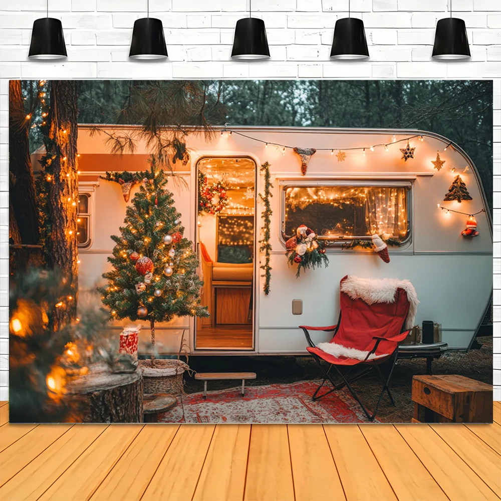 

Cozy Camping Trailer Christmas Scene Photography Backdrop Props Winter Living Room New Year Holiday Photo Background RS-06