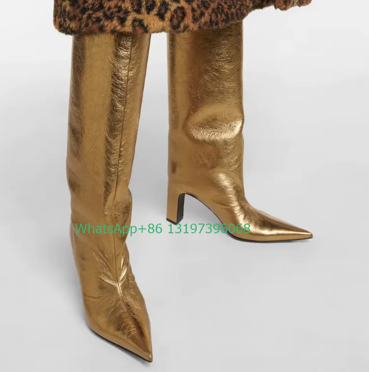 Lady metallic golden design knee boots pointed toe shaped heel boots gold color PU  footwear size 46 T SHOW dress daily boots