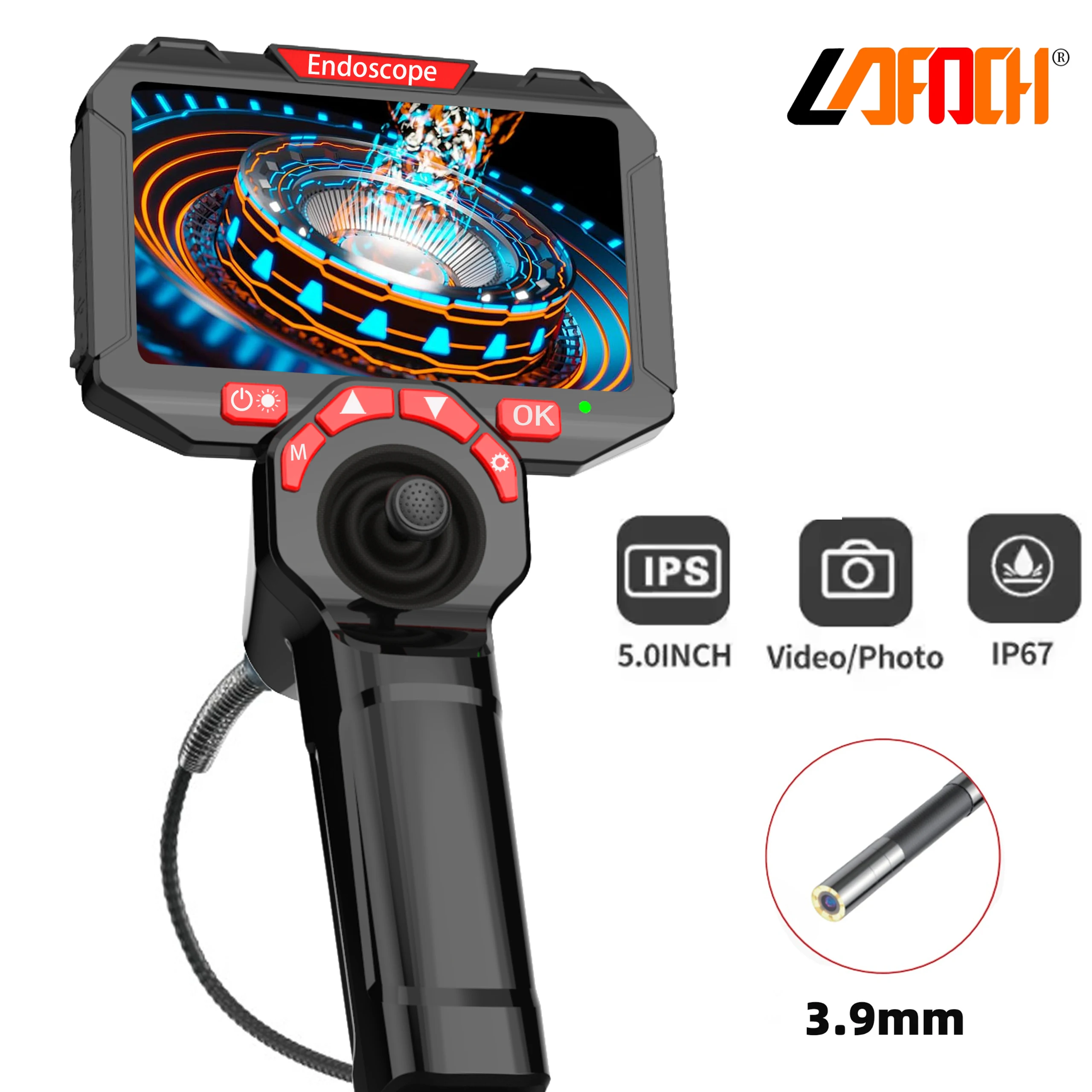 Borescope 3.9mm single lens 720 ° steering handheld HD automotive maintenance pipeline inspection endoscope camera