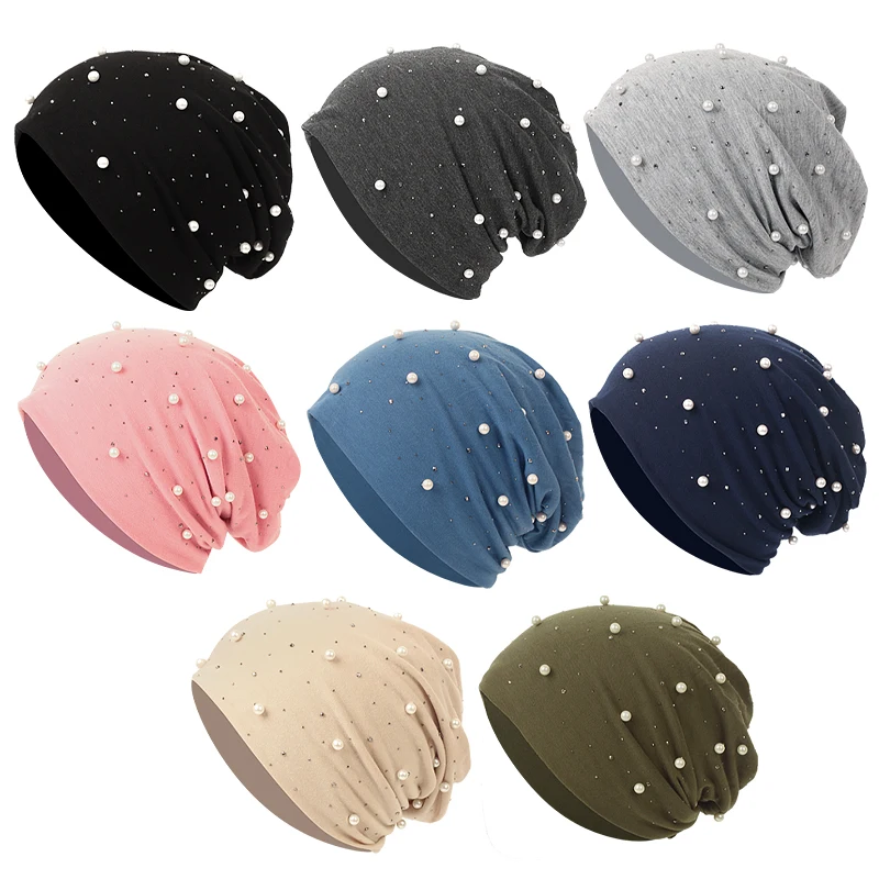 Women Rhinestone Pearl Beanie Hat Headgear Solid Color Autumn Hats Female Bonnet Fashion Knitted Autumn Casual Outdoor Beanie