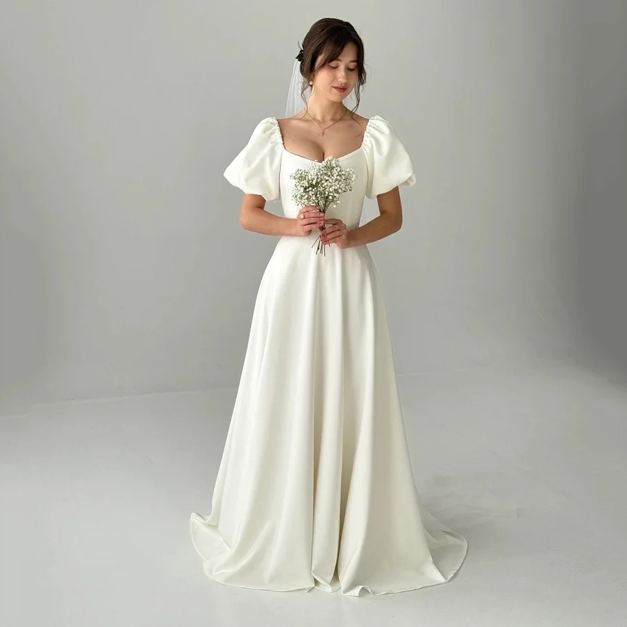 Customizable Fairy Tale A-Line Wedding Gown, Sweetheart Neck Puff Bubble Short Sleeve Floor Satin Train Bridal Dress
