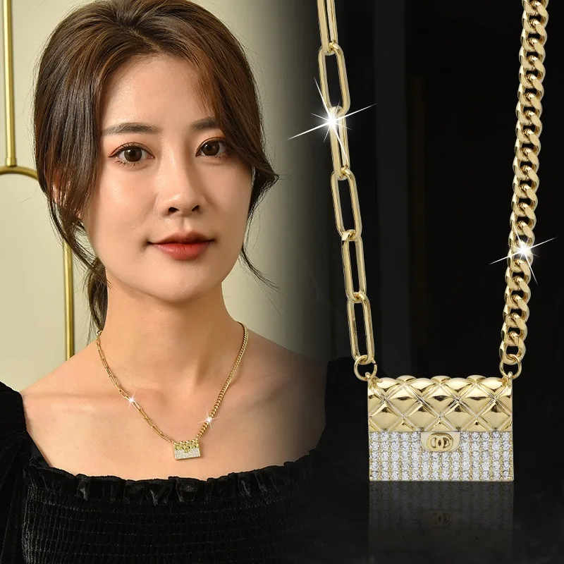 Titanium steel bag necklace, fashionable clothing chain assembly bag, full diamond pendant, collarbone chain accessory