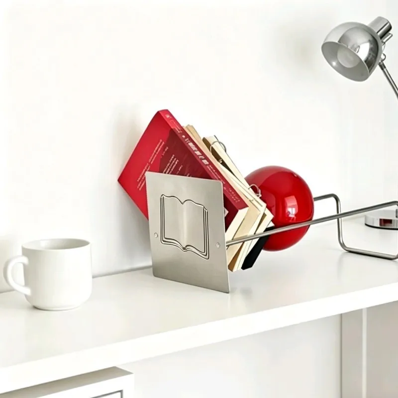 Stainless Steel Creative Desktop Inclined Bookshelf, Nordic Style Book and Newspaper Rack, Simple Storage Rack, Vintage Bauhaus Decorative Ornament