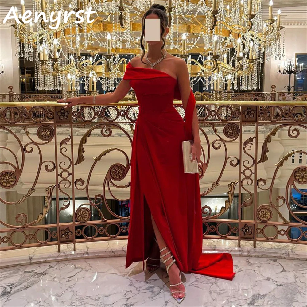 Aenyrst rote Meerjungfrau Satin Ballkleider mit Cape Side Split Abendkleider knöchel langes Weihnachts feier kleid lang فساتين الس카رة