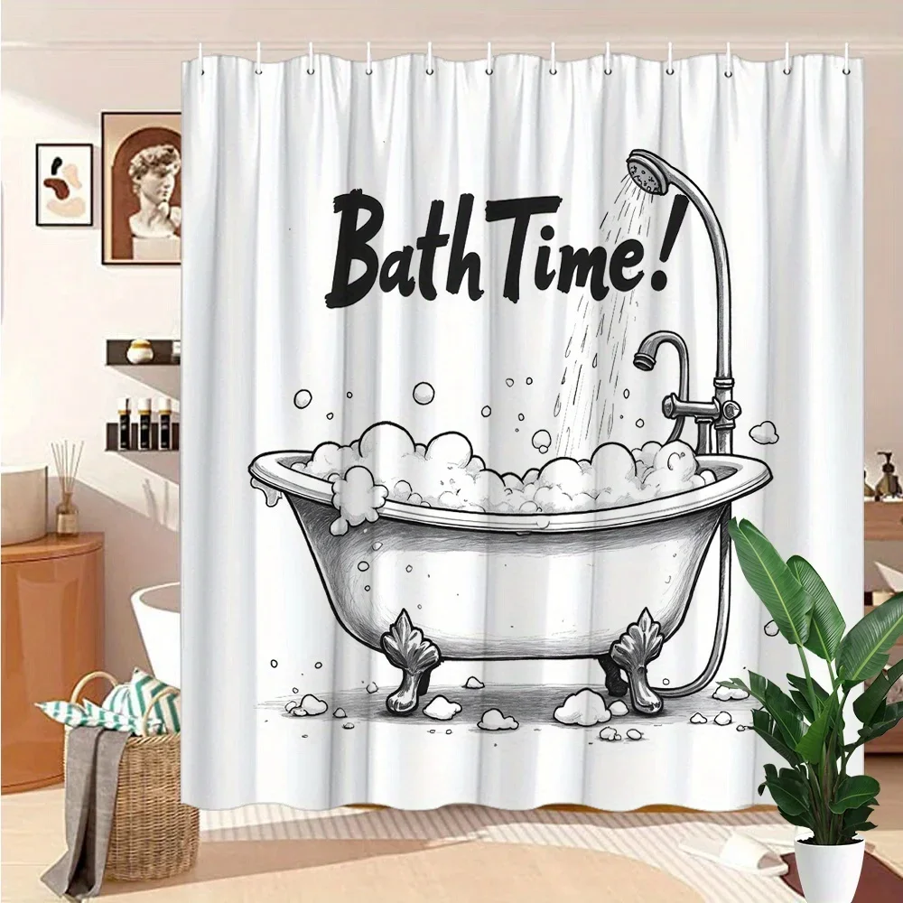 

Vintage Clawfoot Bathtub Shower Curtain - Retro Bubbles Design with "Bath Time!" Text, Durable Polyester, Nostalgic Bath Decor