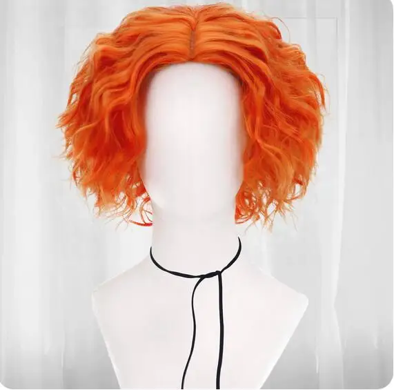 12 Inch Short Orange Curly Mad Hatter Cosplay Wig for Men for Halloween Christmas School Thanksgiving Day