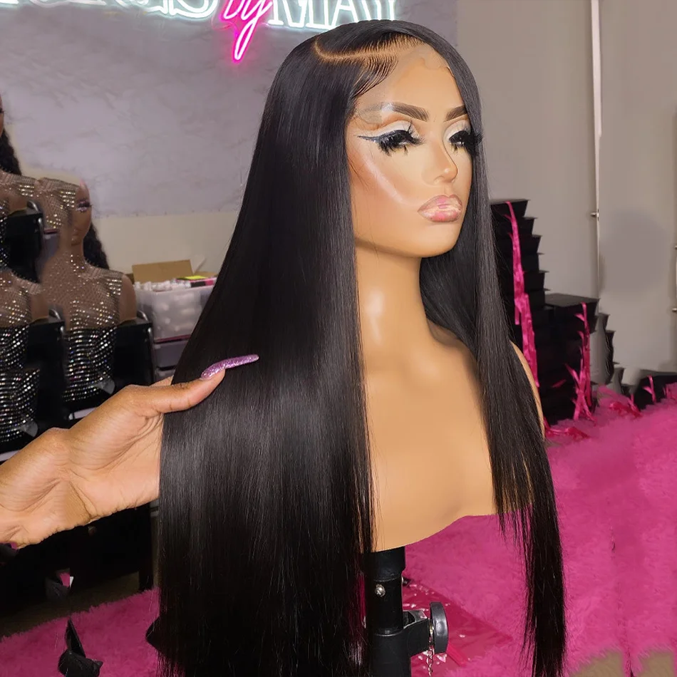 

Мягкий 26-дюймовый длинный натуральный черный 180 Плотность Шелковистый прямой парик фронта шнурка для женщин Детские волосы Синтетические бесклеевые предварительно выщипанные ежедневно