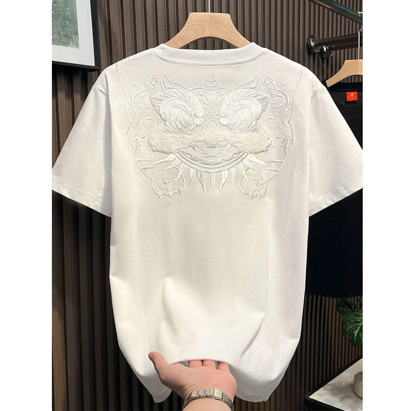 Men Clothing 2024 Summer Trendy Chinese Style Embroidery Short Sleeve Basic T-shirt Casual O Neck Black White Slim Cotton Tops