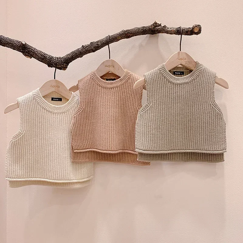 

2023 New Spring Autumn Kids Vest For Girls Boys Knitted Sweater Children's Clothing Solid Sleeveless Baby Outwear 1-3T