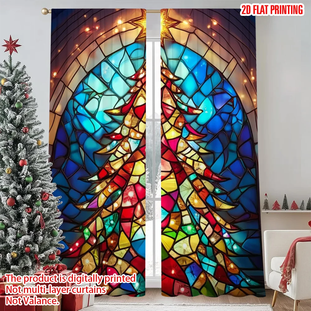 

2pcs 2D flat printing Merry Christmas Curtains Christmas tree stained glass style 100% Polyester Without Electricity Family