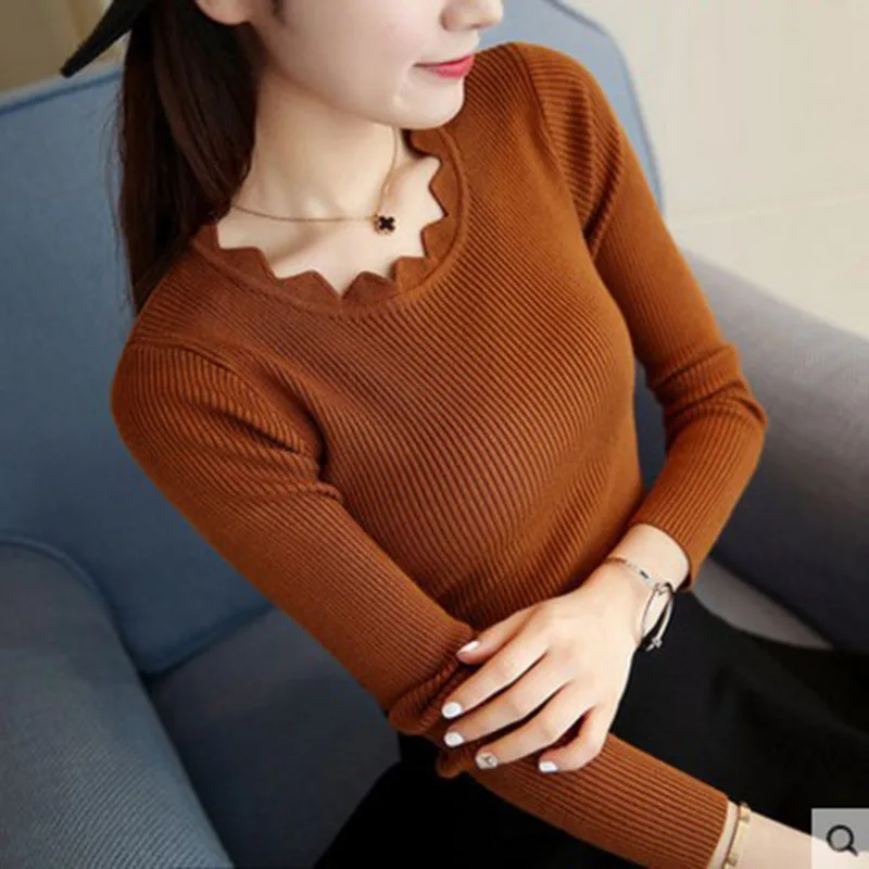 2024 new Sweater Pullovers Women\'s Autumn Winter Long sleeved Lotus Collar Short Korean Knitted Solid Color Bottom Shirt Jumpers