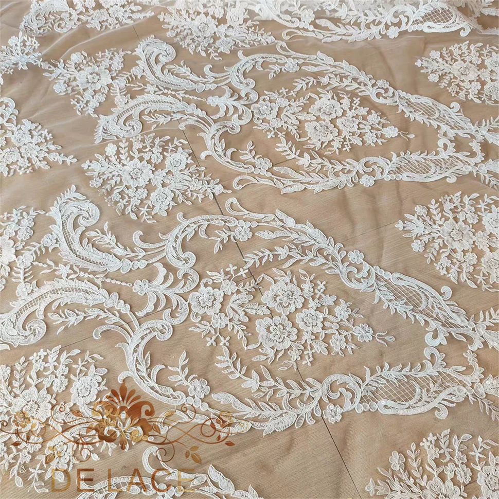 JZQ Exquisite Embroidery Corded Lace European Style Floristic Leaves Embroidery Lace With Beaded Lace for Weddingdress