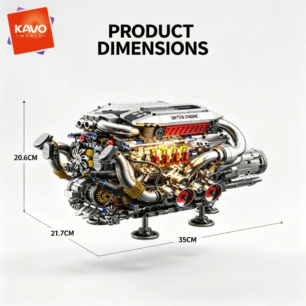 KAVOWORLD 1688pcs MOC Technical Mechnical Electrice W16 Engine Model Building Blocks W/ Motor And LED Light 35CM Large 16-Cylinder Simulation Car Parts Creative Toys Moving Pistons & Gear Linkage Collectible Desk Display Gift For Men Christmas Birthday