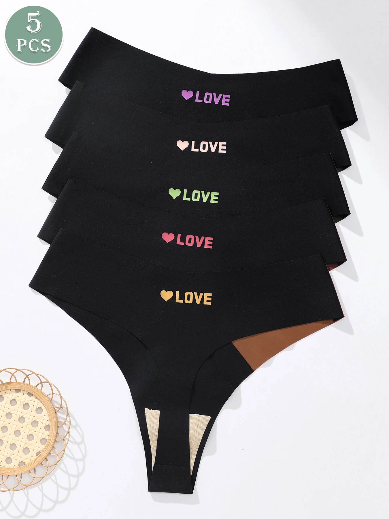 5Pcs Women's Seamless V-Waist Thongs No Show Invisible Soft Stretch Ice Silk Underwear Multi-color Panties