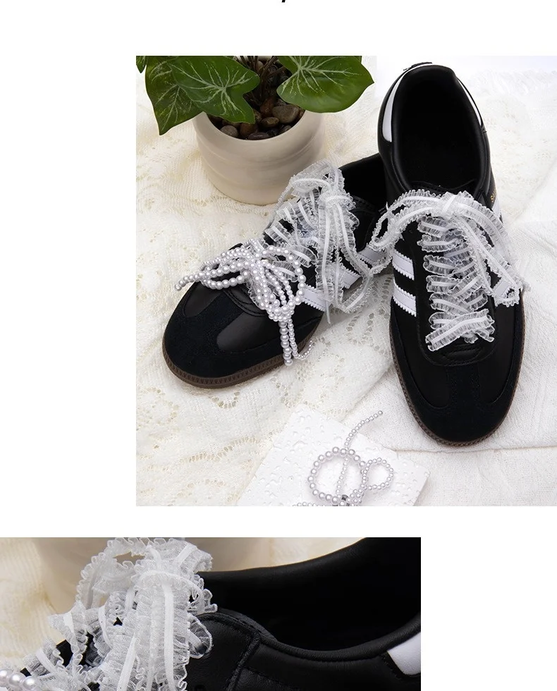 Spitzen-Schnürsenkel mit Pilzrand, Ballett-Stil, Perlen-Schleife, Schuhaccessoires, flache Schnürsenkel, Sneaker, Breite 1,2 cm/3 cm, Länge 80 cm/120 cm – Detail 7