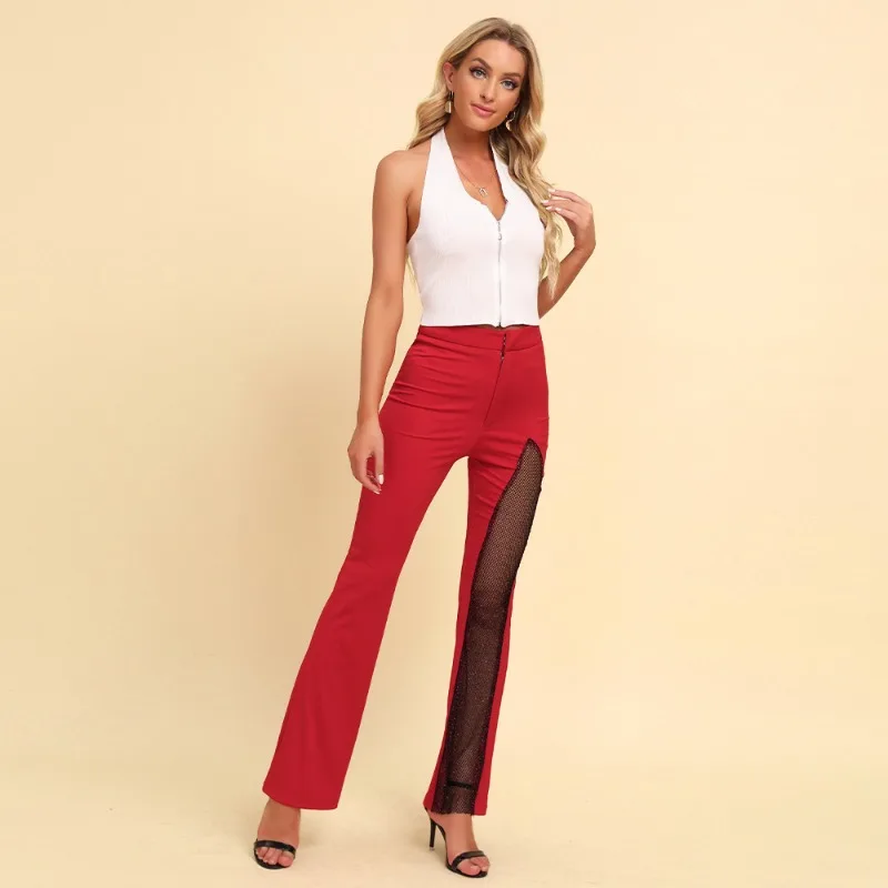 Fashion Flared Pants for Women Grenadine Mid Waist Pants Streetwear Women\'s Clothing Glitter High Slit Boot Cut Flared Trousers