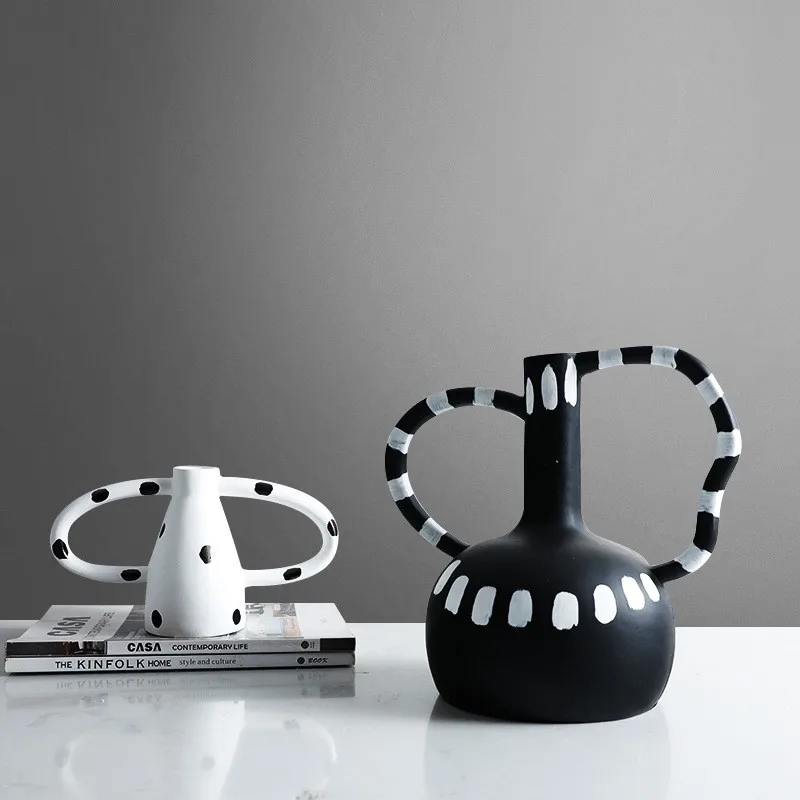 Schwarz-Weiß-Tupfen-Doppelohr-Vasen dekoration, Homes tay im Cave-Stil, minimalist isches Blumen set
