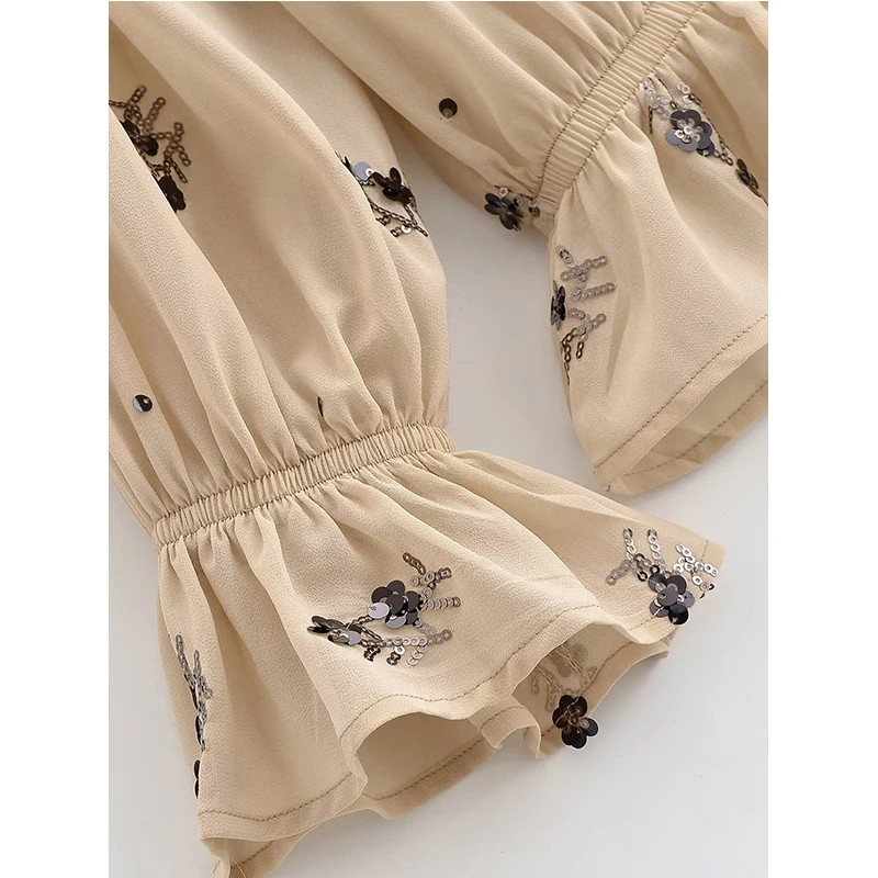 بلوزة نسائية أنيقة مزهّرة ترتر بأكمام طويلة قمصان فضفاضة موضة جديدة 2026 عطلة الربيع بلوزة أنيقة غير رسمية #4