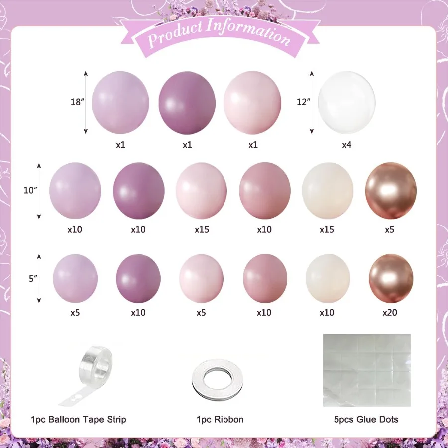 Kit arco per palloncini viola 132 pezzi con palloncini viola antico rosa chiaro oro rosa bianco e trasparente per un elegante compleanno baby shower