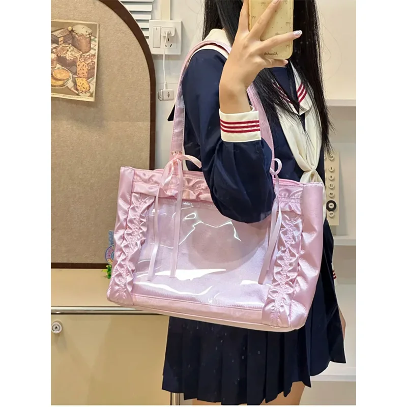 New Anime Fashion Versatile Girls' Satin Tie Bowknot Transparent Badge Goods Pain Bag Shoulder Bag Y2K Shoulder Bag Itabag
